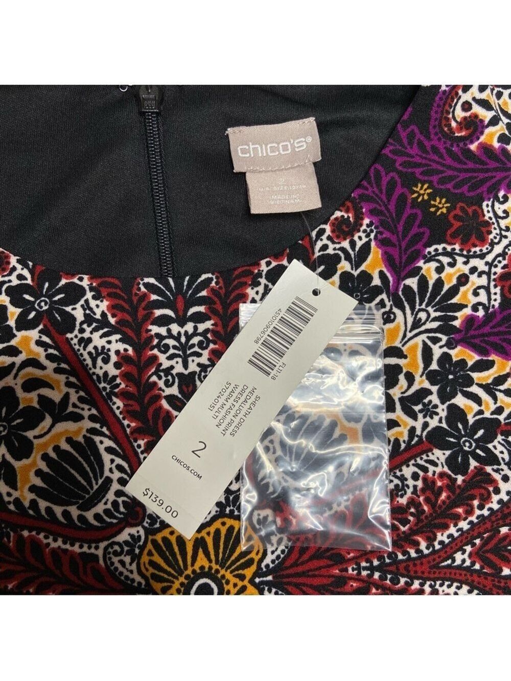 Chico's Long Sleeve Medallion Print Sheath Dress in Warm Colors Size 2 (10-12) - Picture 6 of 12